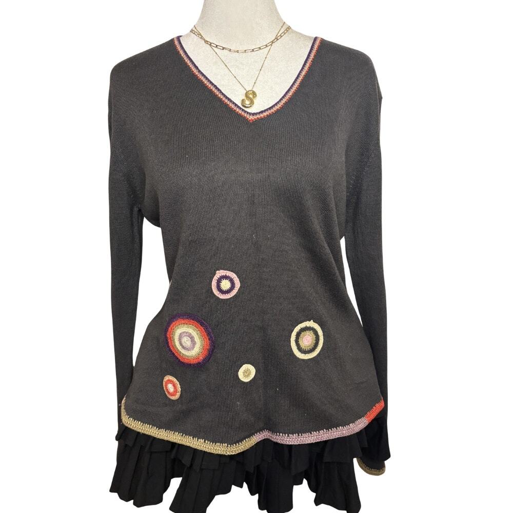 Vintage Silk Wool Blend Sweater Black Crochet Circle Applique V Neck Twee Size M